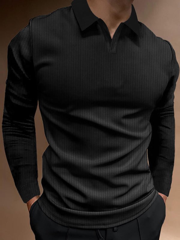 Casual stand - up collar stretch vertical strip long - sleeve V - neck POLO - GENERALIXIOCasual stand - up collar stretch vertical strip long - sleeve V - neck POLOkakacloGENERALIXIOFSZM02292_B_S_NUBBlackS#varian