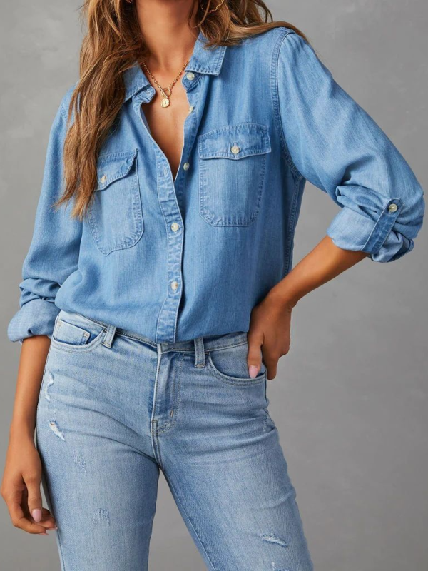 Casual lapel single-breasted long-sleeved denim shirt - Glixio