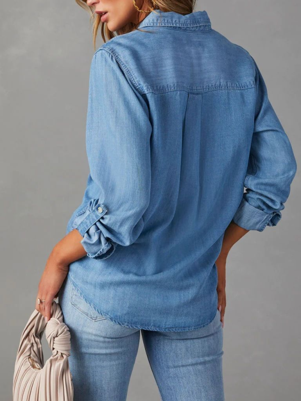 Casual lapel single-breasted long-sleeved denim shirt - Glixio