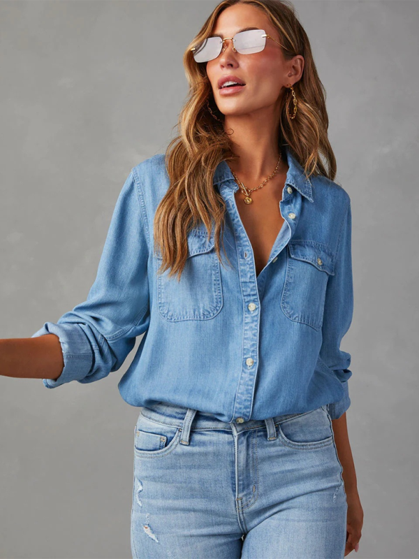 Casual lapel single-breasted long-sleeved denim shirt - Glixio