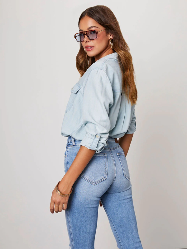 Casual lapel single-breasted long-sleeved denim shirt - Glixio