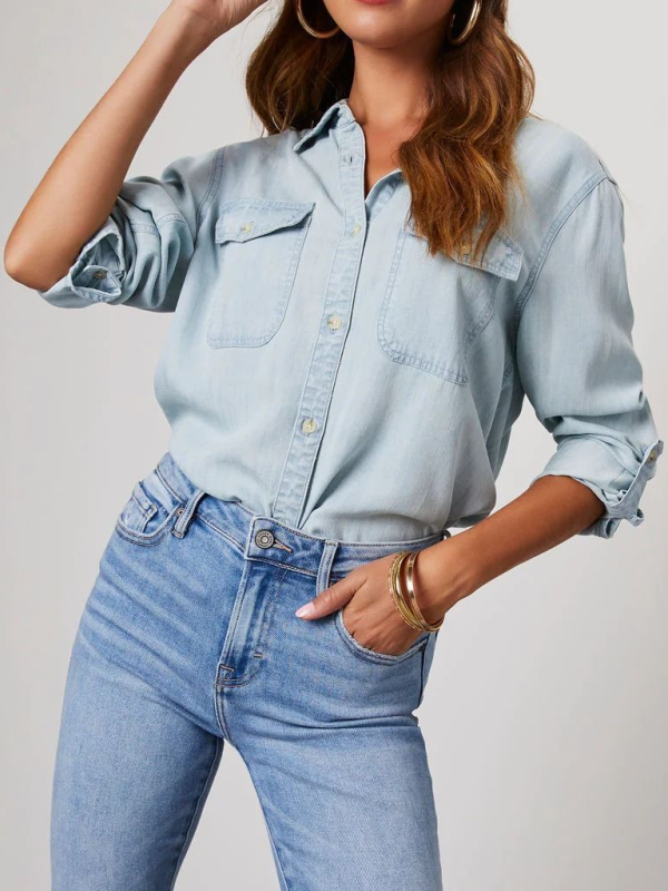 Casual lapel single-breasted long-sleeved denim shirt - Glixio