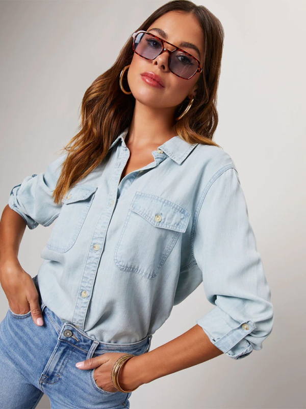 Casual lapel single-breasted long-sleeved denim shirt - Glixio