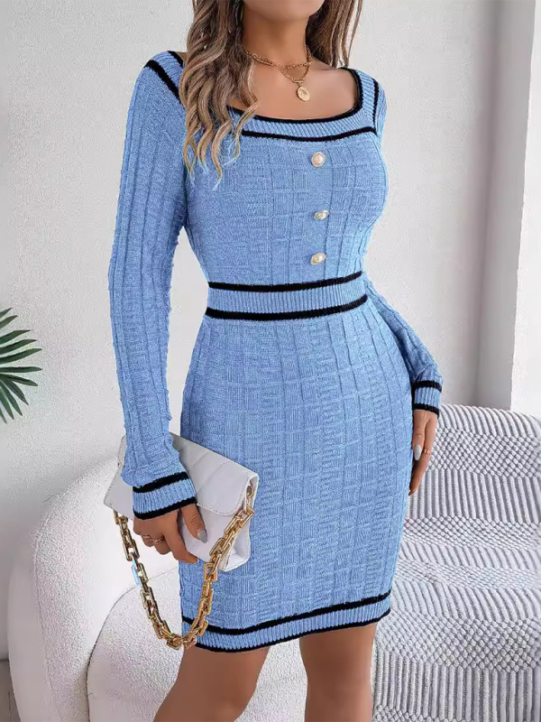 Elegant Square Neck Button Long Sleeve Sweater Hip Skirt - Glixio