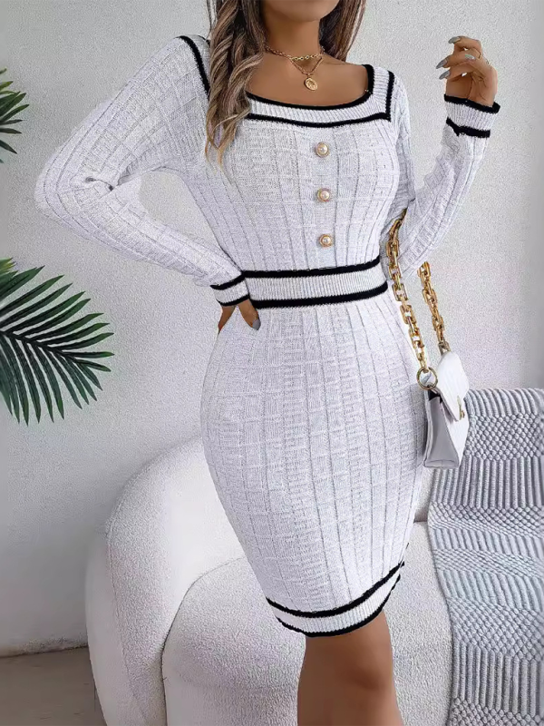 Elegant Square Neck Button Long Sleeve Sweater Hip Skirt - Glixio