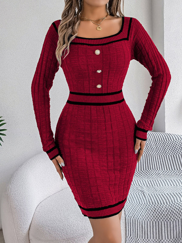 Elegant Square Neck Button Long Sleeve Sweater Hip Skirt - Glixio