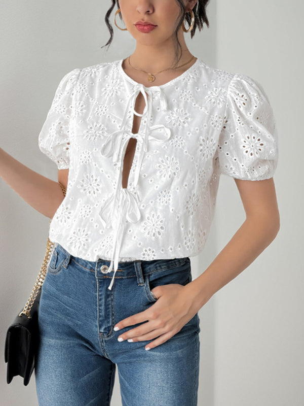 Hollow jumpsuit bow tie puff sleeve jumpsuit outer wear - Glixio
