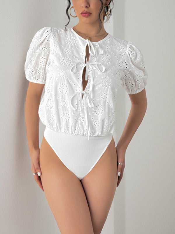 Hollow jumpsuit bow tie puff sleeve jumpsuit outer wear - Glixio