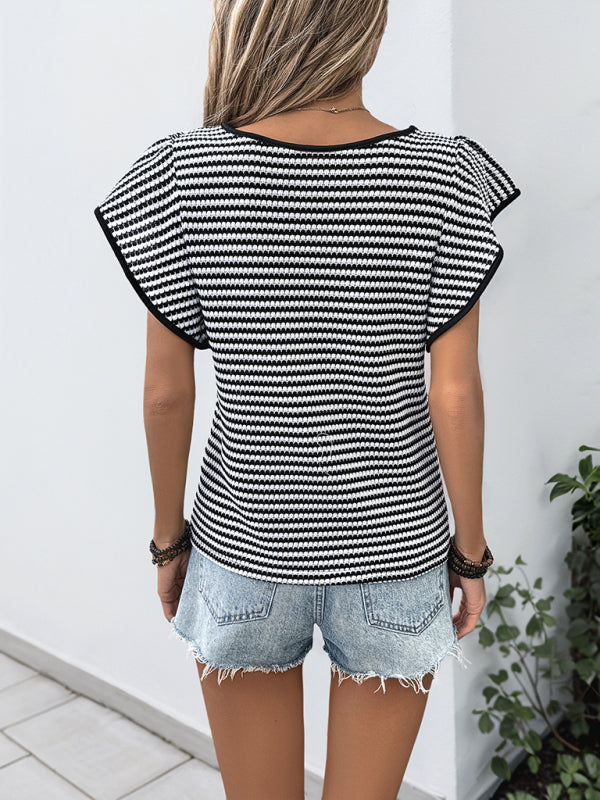 Black and white striped stylish round neck short sleeve T-shirt top