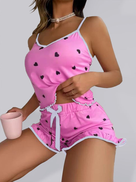 Women's Heart Print Camisole + Shorts Pajamas Two-Piece Set - Glixio