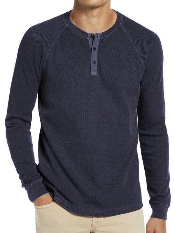 New Men's Round Neck Waffle Henley Shirt - Glixio