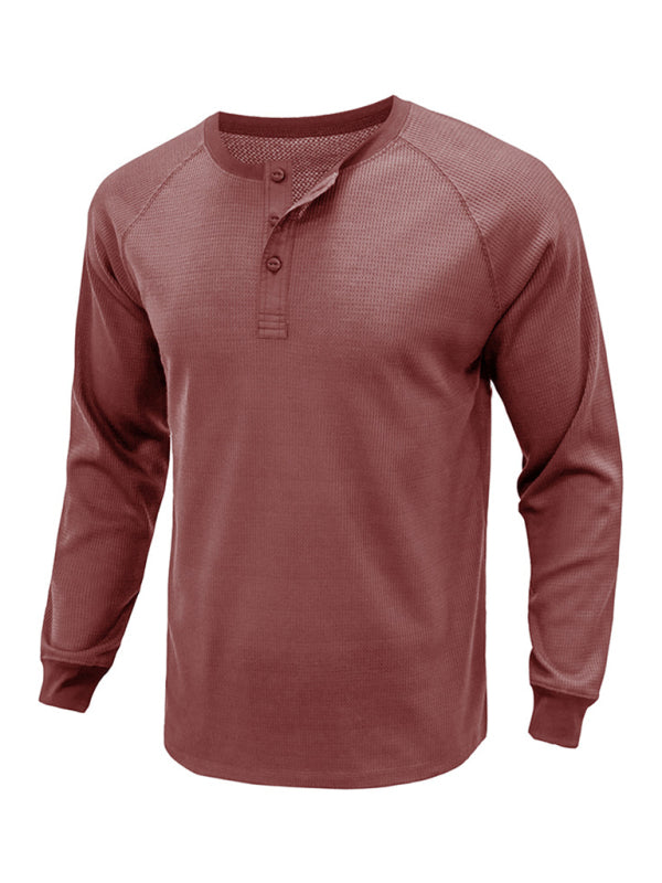New Men's Round Neck Waffle Henley Shirt - Glixio