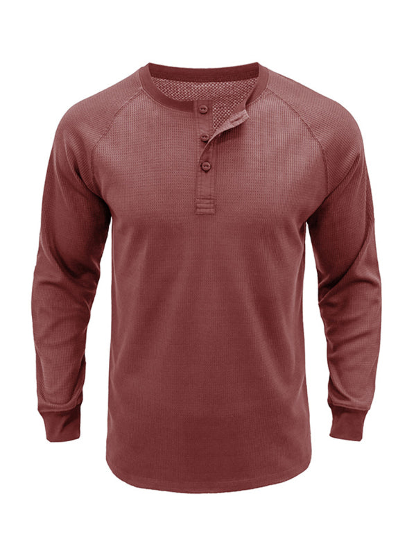 New Men's Round Neck Waffle Henley Shirt - Glixio