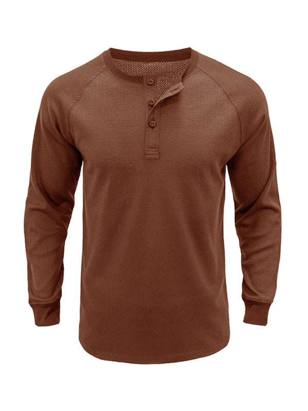 New Men's Round Neck Waffle Henley Shirt - Glixio