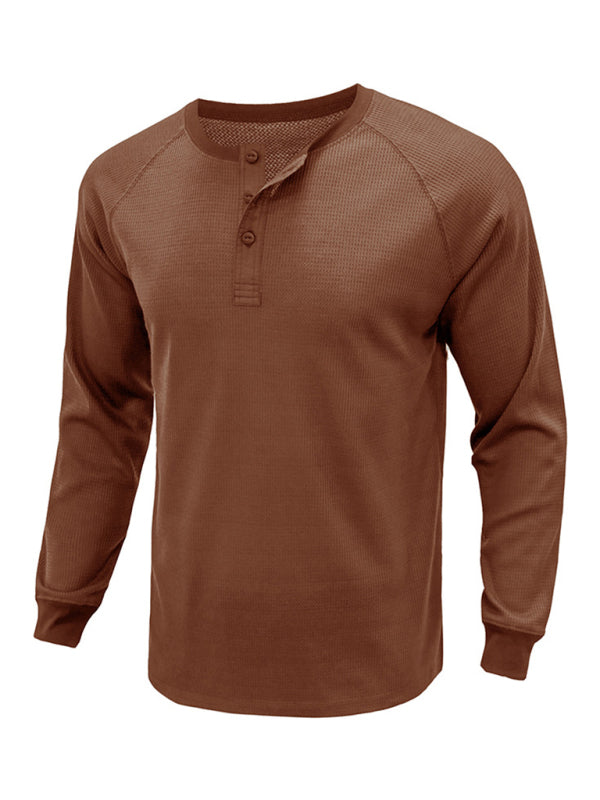 New Men's Round Neck Waffle Henley Shirt - Glixio