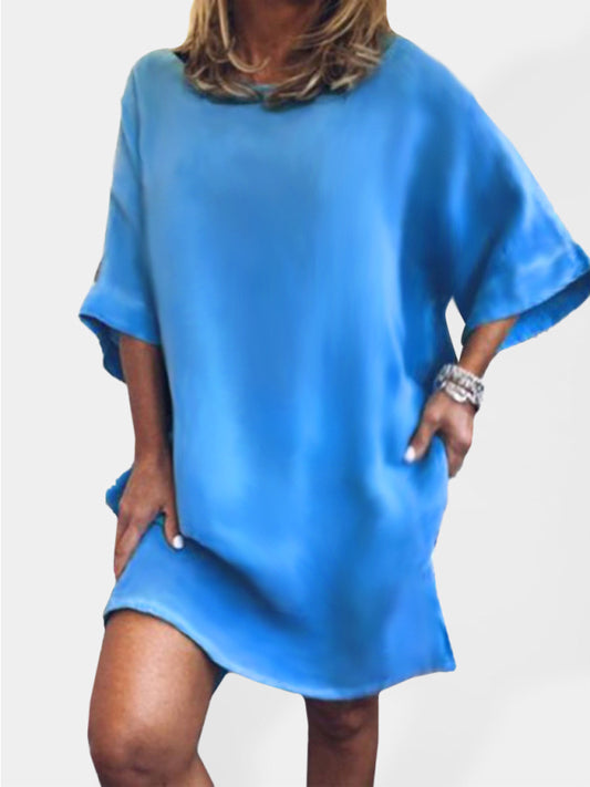 Summer new casual cotton linen solid color hem slit dress - Glixio