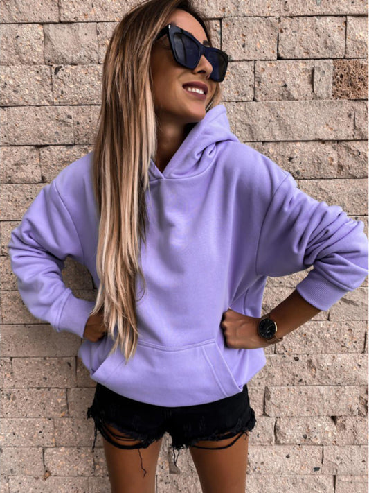 New autumn and winter long-sleeved solid color pullover hooded sweatshirt top - Glixio