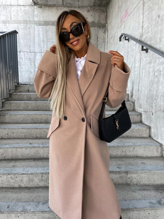 Women's new long-sleeved suit collar double-breasted woolen coat top - Glixio