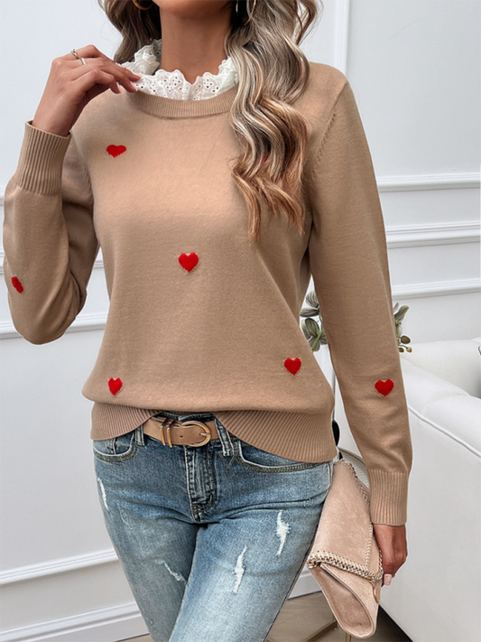 Women's Temperament Casual Embroidered Love Heart Long Sleeve Sweater - Glixio