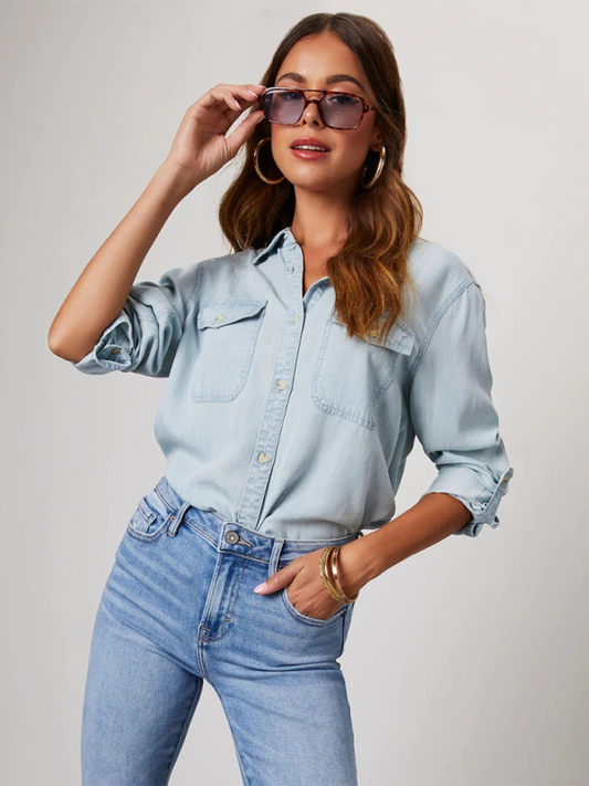 Casual lapel single-breasted long-sleeved denim shirt - Glixio