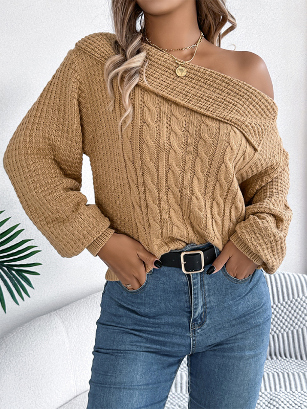 Casual Sexy Lapel Off-shoulder Cable Long Sleeve Pullover - Glixio