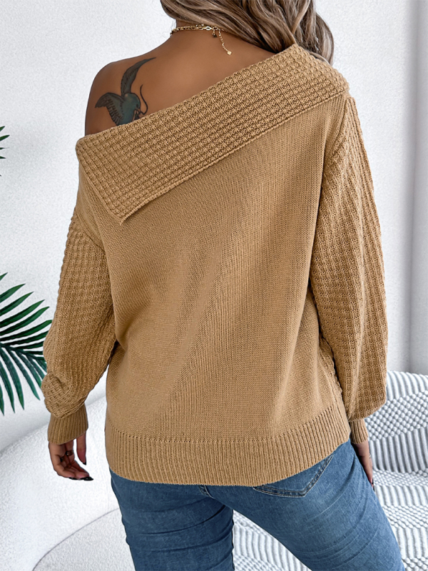 Casual Sexy Lapel Off-shoulder Cable Long Sleeve Pullover - Glixio