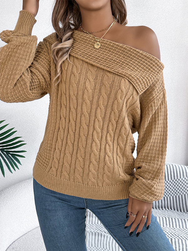 Casual Sexy Lapel Off-shoulder Cable Long Sleeve Pullover - Glixio