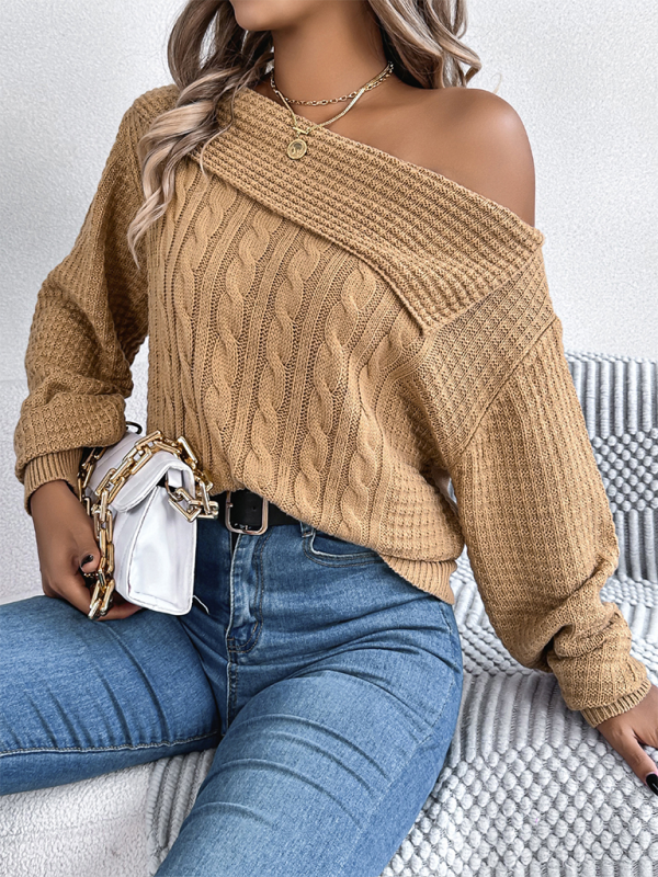 Casual Sexy Lapel Off-shoulder Cable Long Sleeve Pullover - Glixio