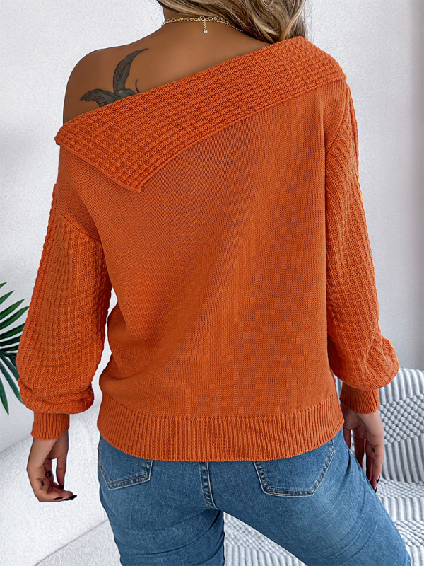 Casual Sexy Lapel Off-shoulder Cable Long Sleeve Pullover - Glixio