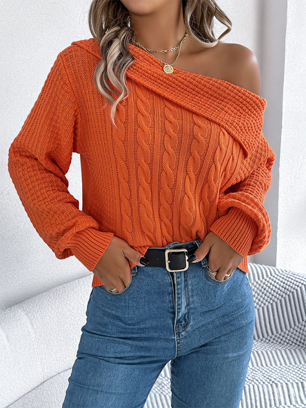 Casual Sexy Lapel Off-shoulder Cable Long Sleeve Pullover - Glixio