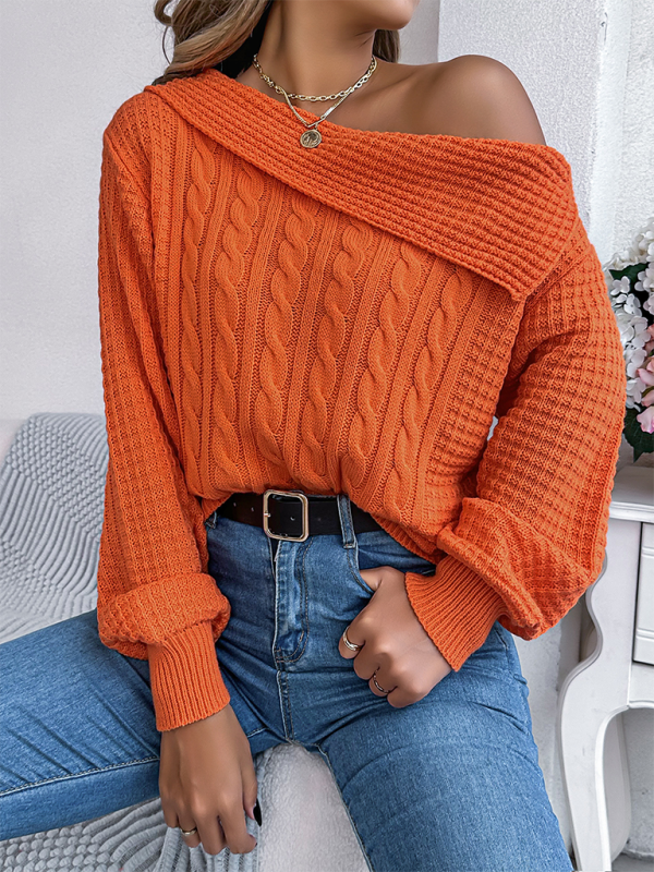Casual Sexy Lapel Off-shoulder Cable Long Sleeve Pullover - Glixio