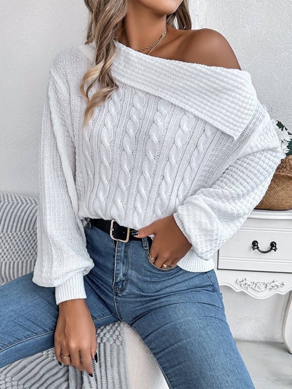 Casual Sexy Lapel Off-shoulder Cable Long Sleeve Pullover - Glixio