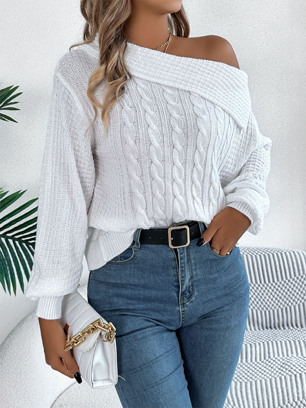 Casual Sexy Lapel Off-shoulder Cable Long Sleeve Pullover - Glixio