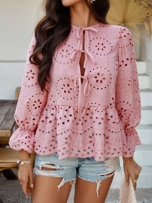 Vacation Loose Lace-up Cardigan Solid Color Hollow Top