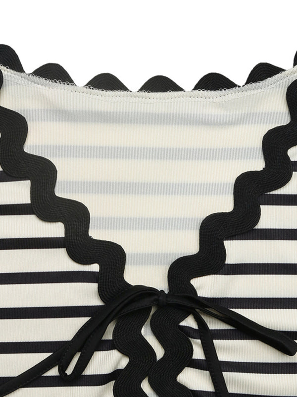Casual stripedShort Sleeve Top and Shorts Two-Piece Set - Glixio